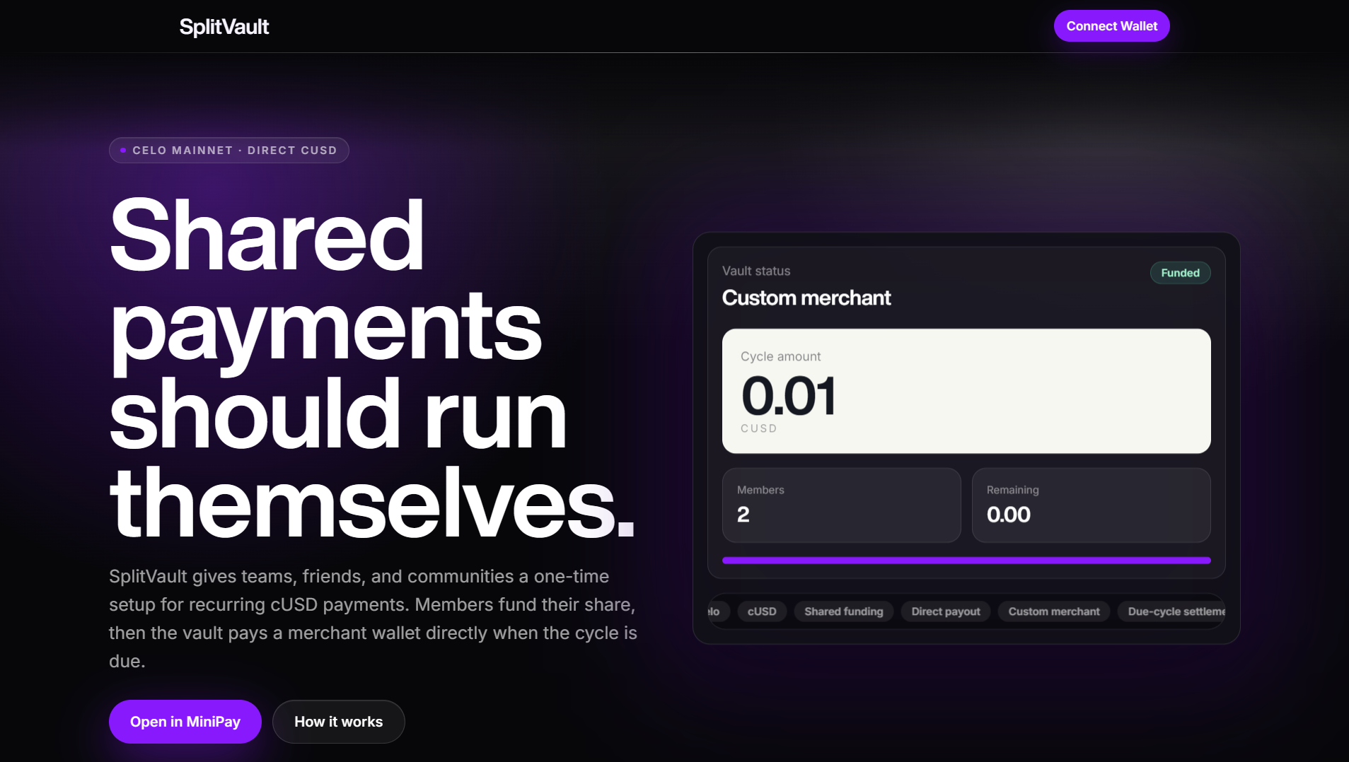 SplitVault landing page screenshot